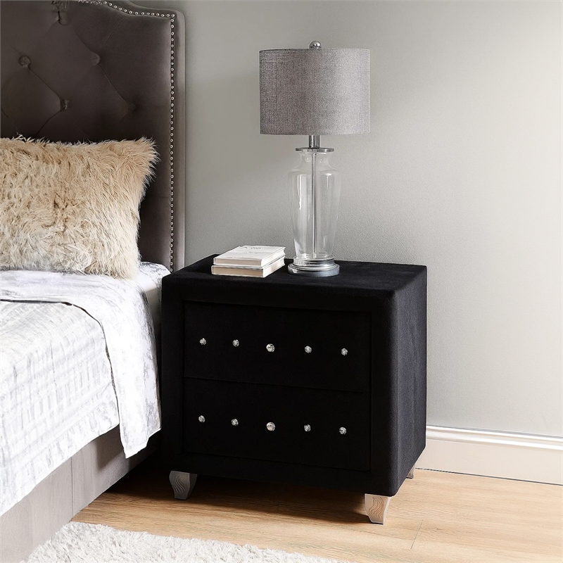 Bowery Hill Nightstand 2 Drawers Black Velvet Upholstery with Crystal Knobs