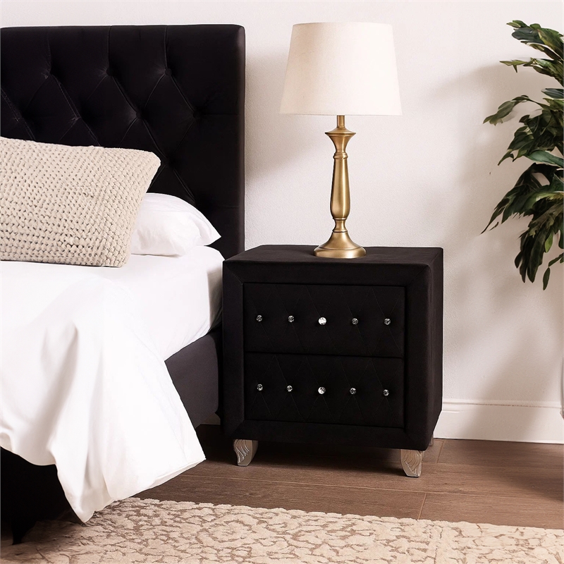Bowery Hill Nightstand 2 Drawers Black Velvet Upholstery with Crystal Knobs