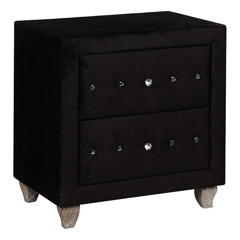Bowery Hill Nightstand 2 Drawers Black Velvet Upholstery with Crystal Knobs
