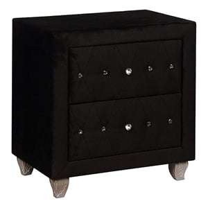 Bowery Hill Nightstand 2 Drawers Black Velvet Upholstery with Crystal Knobs