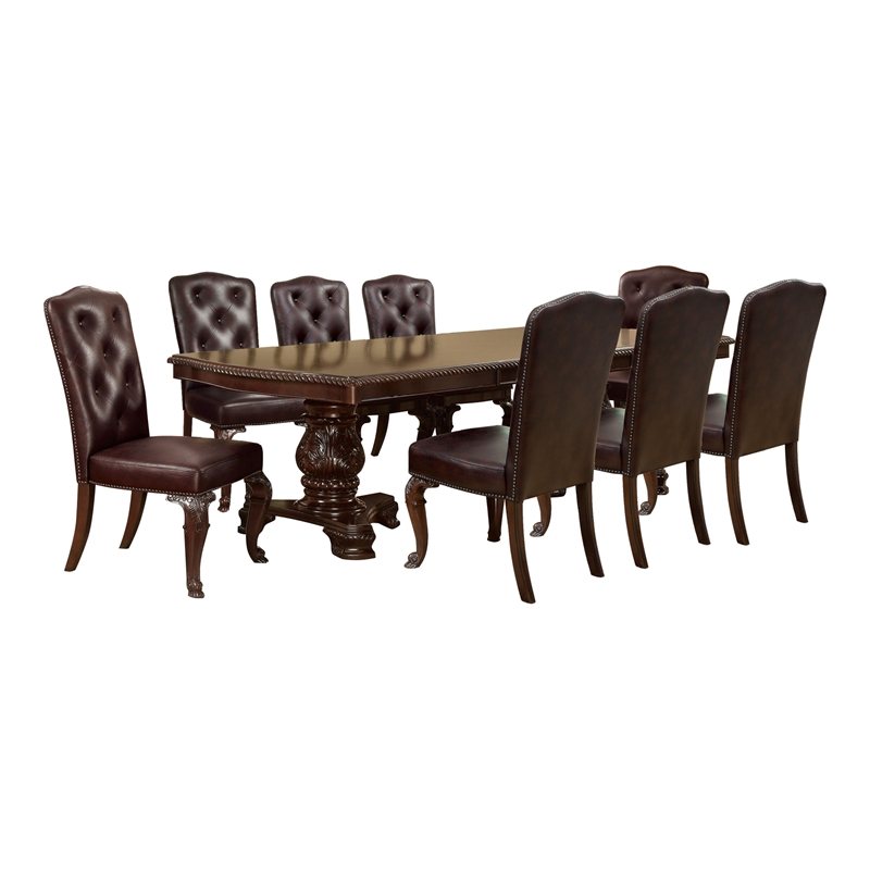 Bowery Hill 9-Piece Extendable Pedestal Dining Set in Brown Cherry