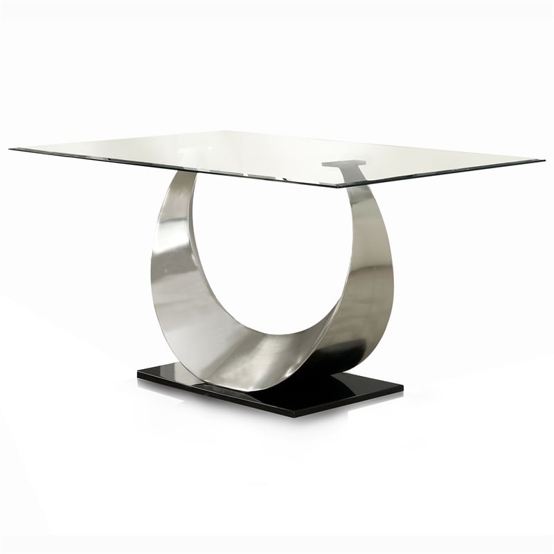 Bowery Hill Glass Top Dining Table with Stainless Steel Base in Silver