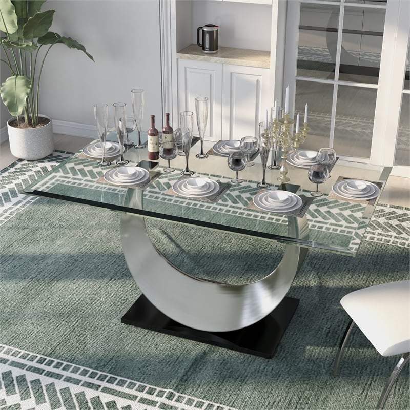 Bowery Hill Glass Top Dining Table with Stainless Steel Base in Silver