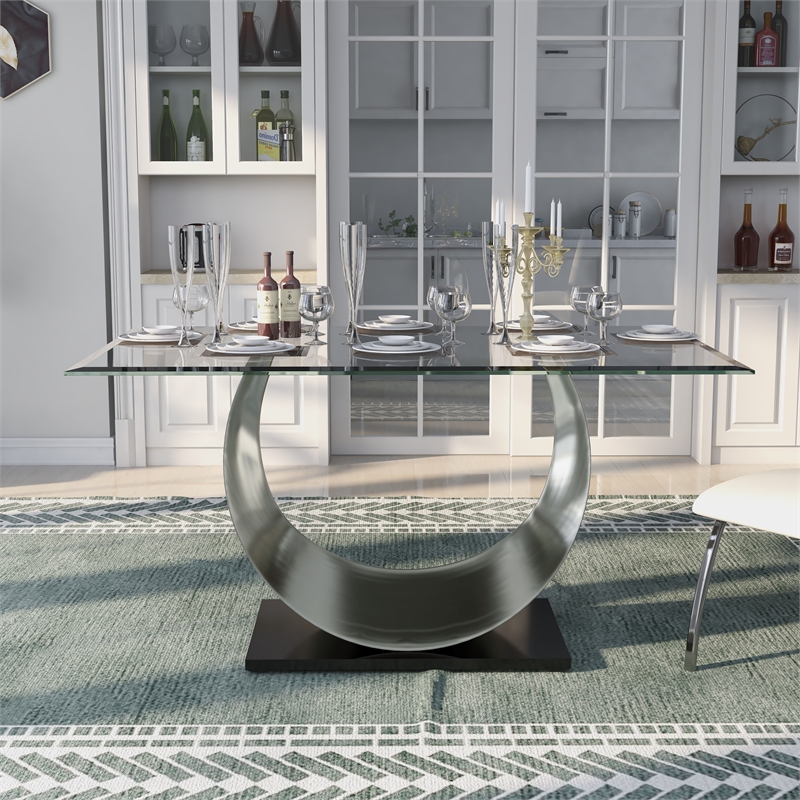 Bowery Hill Glass Top Dining Table with Stainless Steel Base in Silver