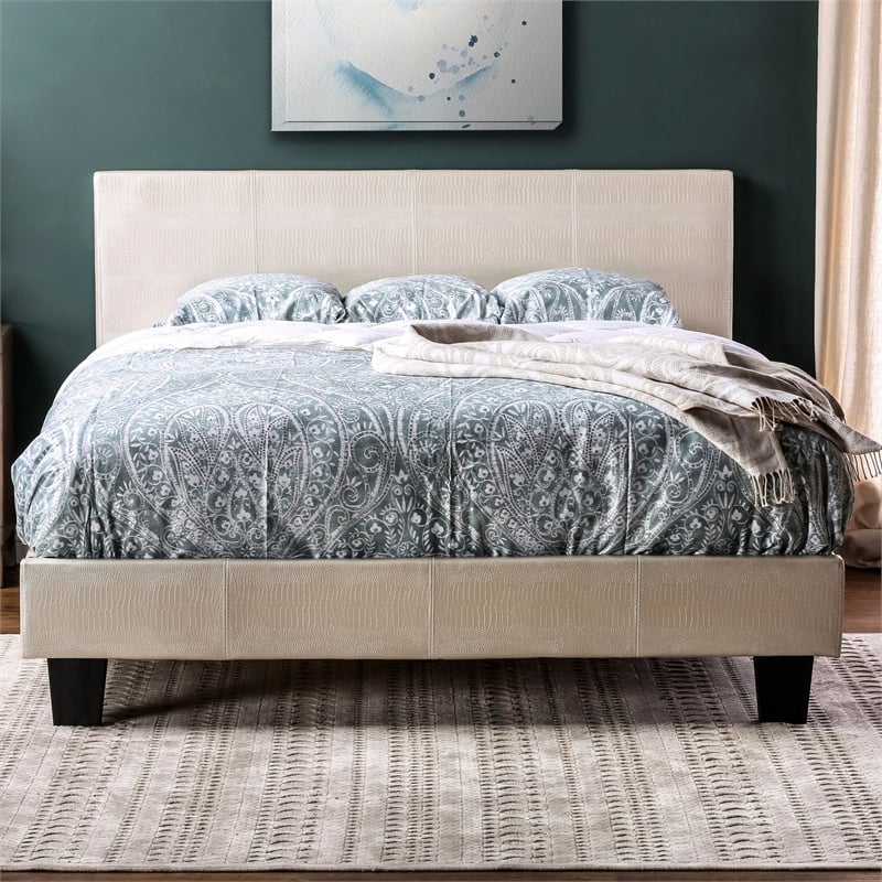 Bowery Hill Faux Leather Queen Platform Bed in Pearl White