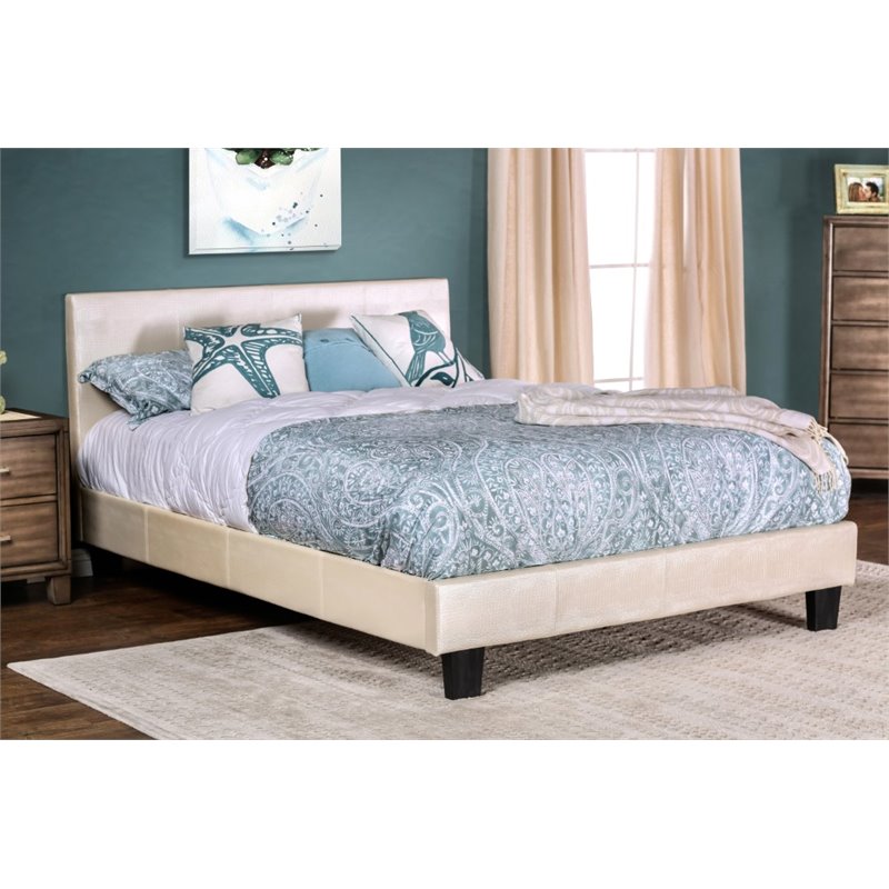 Bowery Hill Faux Leather Queen Platform Bed in Pearl White