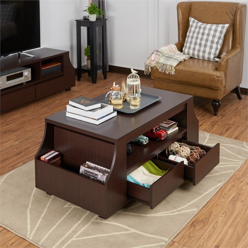 Bowery Hill Walnut Coffee Table with Side Storage Compartments