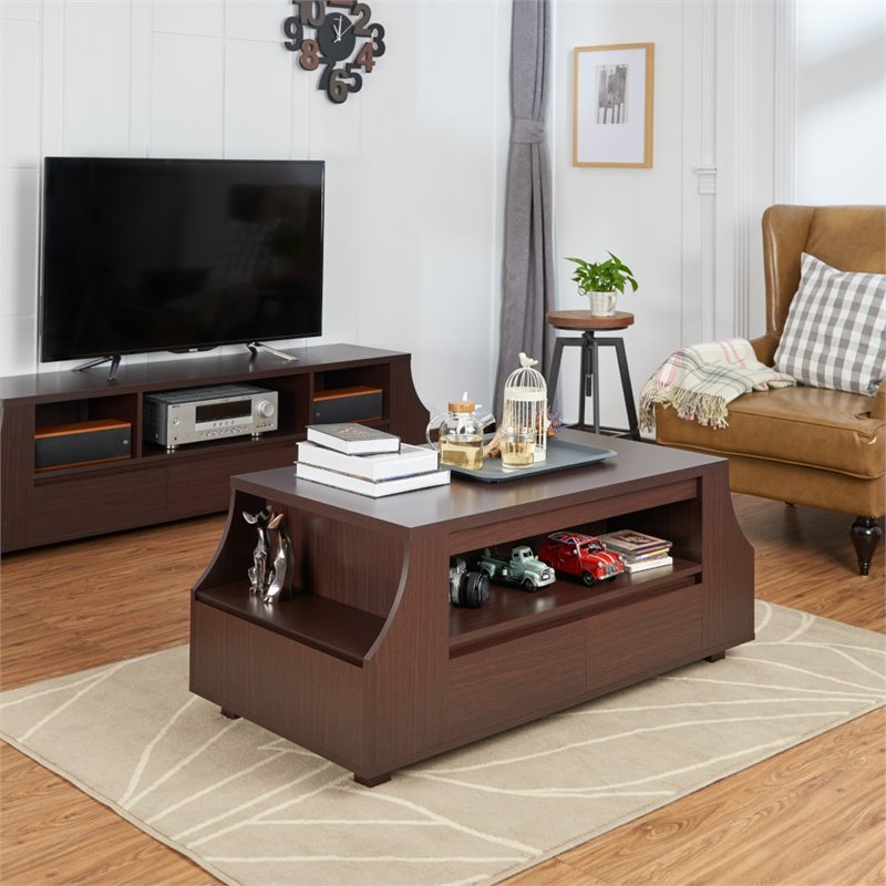 Bowery Hill Walnut Coffee Table with Side Storage Compartments