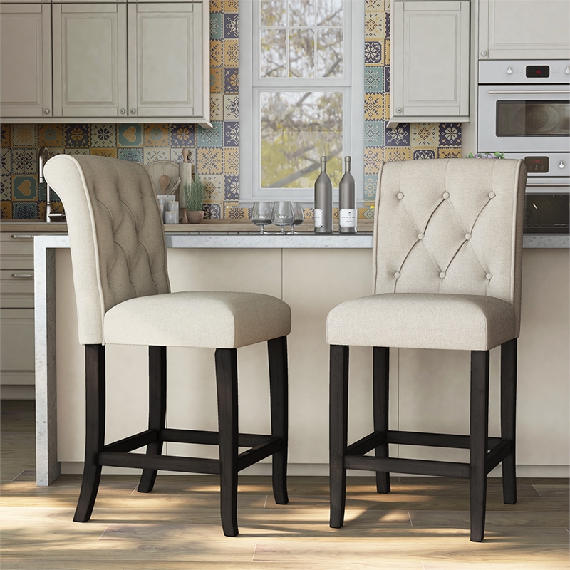 Bowery Hill Tufted Fabric Pub Chairs in Ivory (Set of 2)