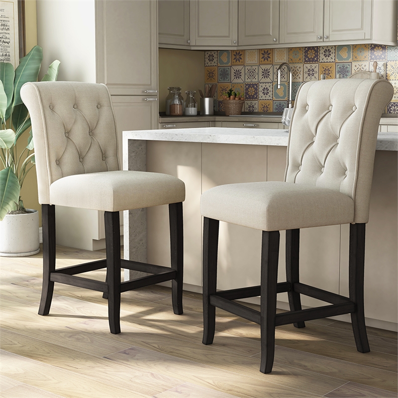 Bowery Hill Tufted Fabric Pub Chairs in Ivory (Set of 2)