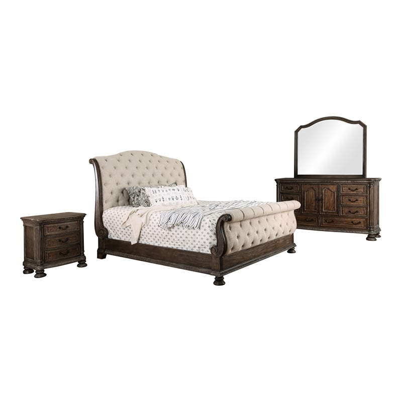 Bowery Hill 4pc Sleigh Bedroom Set with Rustic Finish and Queen Bed Frame