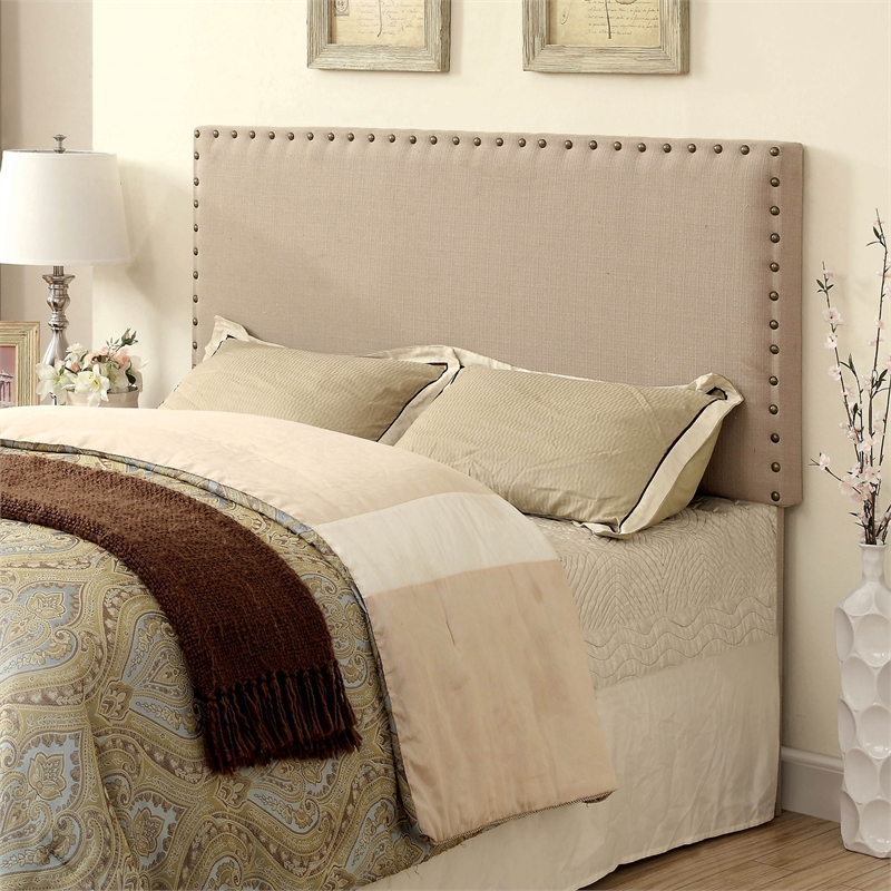 Bowery Hill Ivory Fabric Full/Queen Upholstered Headboard with Nailhead Trim