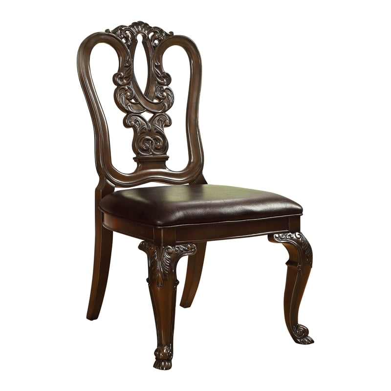 Bowery Hill Wood Dining Chair Pair with Carved Back in Brown Cherry