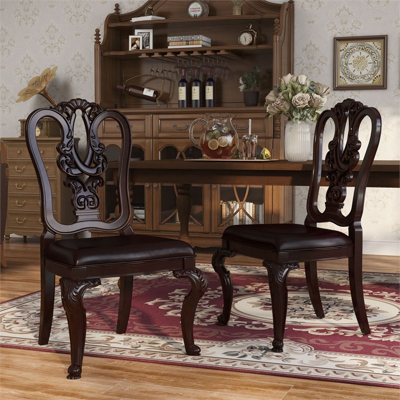 Bowery Hill Wood Dining Chair Pair with Carved Back in Brown Cherry