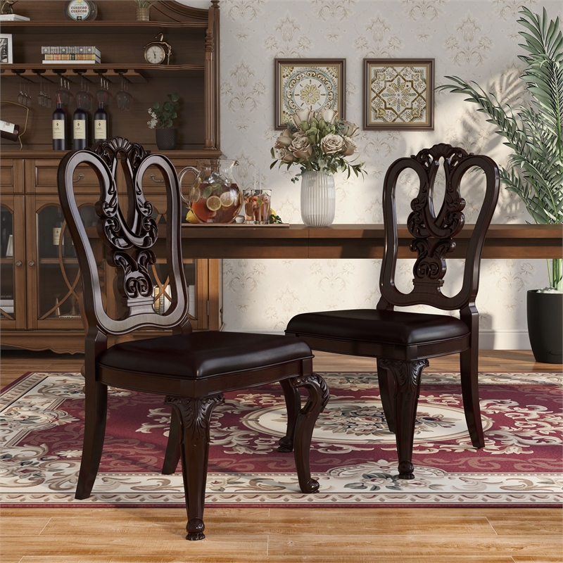 Bowery Hill Wood Dining Chair Pair with Carved Back in Brown Cherry