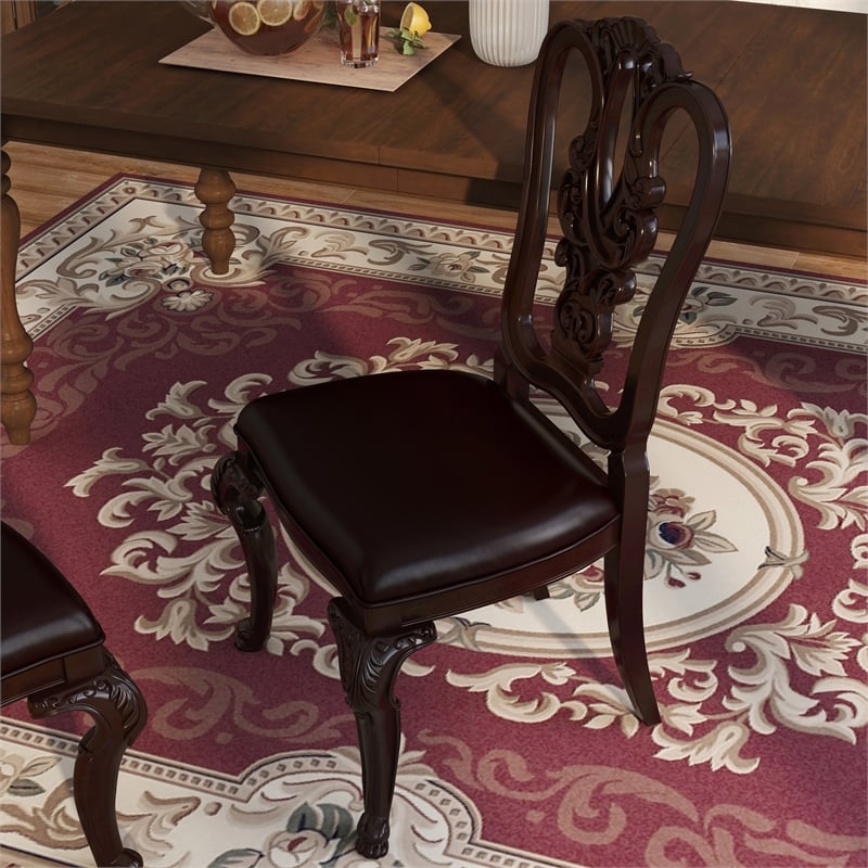 Bowery Hill Wood Dining Chair Pair with Carved Back in Brown Cherry