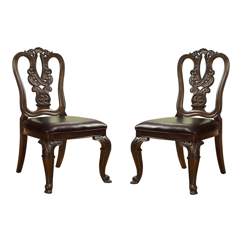 Bowery Hill Wood Dining Chair Pair with Carved Back in Brown Cherry