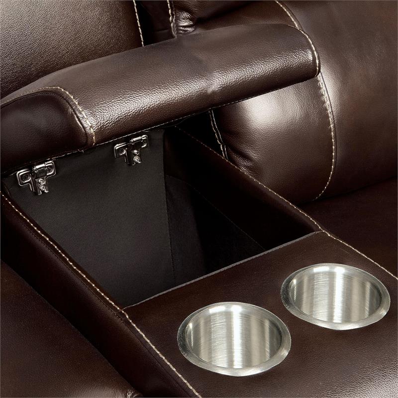 Bowery Hill Brown Top Grain Leather Reclining Loveseat with Storage