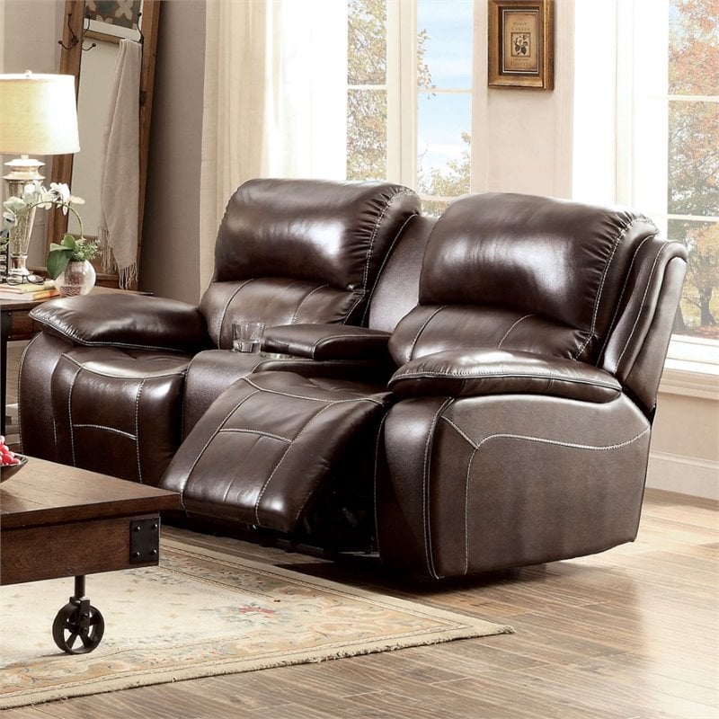 Bowery Hill Brown Top Grain Leather Reclining Loveseat with Storage