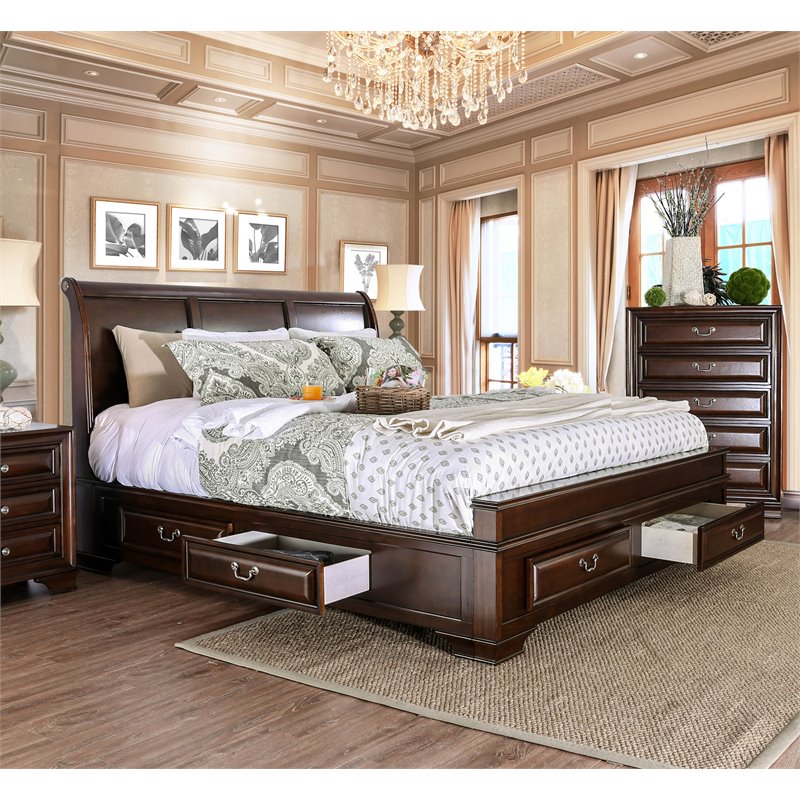 Bowery Hill Wood King Storage Platform Bed in Brown Cherry