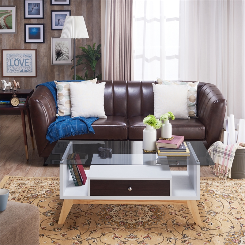 Bowery Hill Mid-Century Glass Top Coffee Table in Espresso Finish