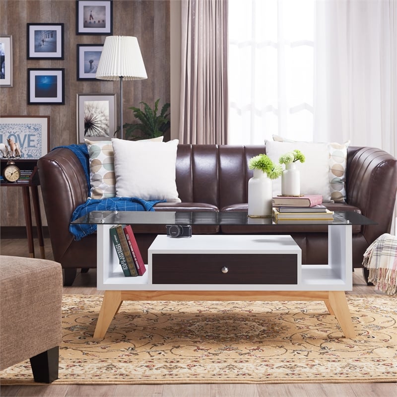 Bowery Hill Mid-Century Glass Top Coffee Table in Espresso Finish