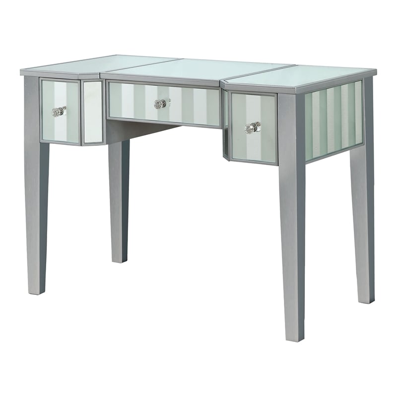 Bowery Hill Wood Flip-Top 3-Piece Vanity Set in Silver with Mirror