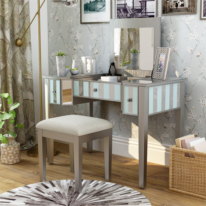 Bowery Hill Wood Flip-Top 3-Piece Vanity Set in Silver with Mirror