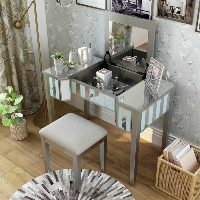 Bowery Hill Wood Flip-Top 3-Piece Vanity Set in Silver with Mirror