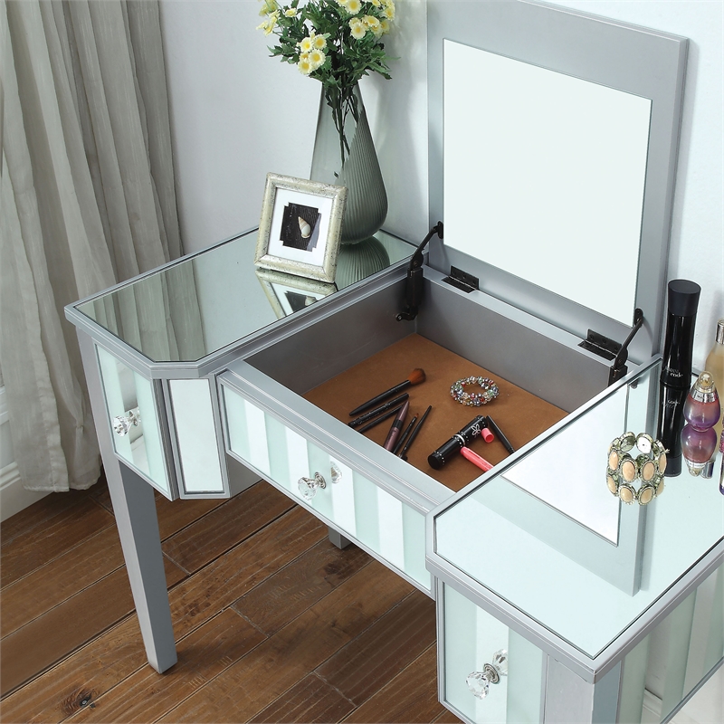Bowery Hill Wood Flip-Top 3-Piece Vanity Set in Silver with Mirror
