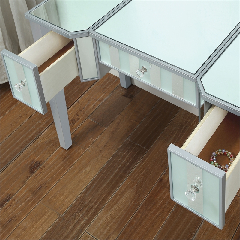 Bowery Hill Wood Flip-Top 3-Piece Vanity Set in Silver with Mirror