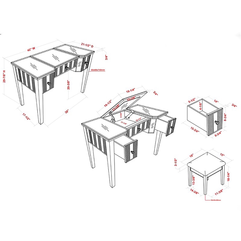 Bowery Hill Wood Flip-Top 3-Piece Vanity Set in Silver with Mirror