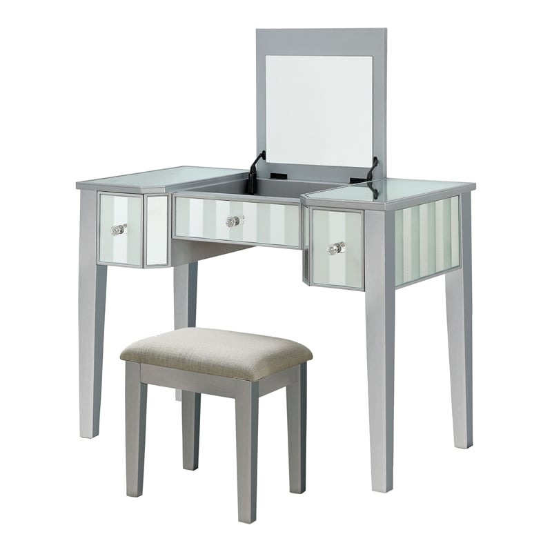Bowery Hill Wood Flip-Top 3-Piece Vanity Set in Silver with Mirror