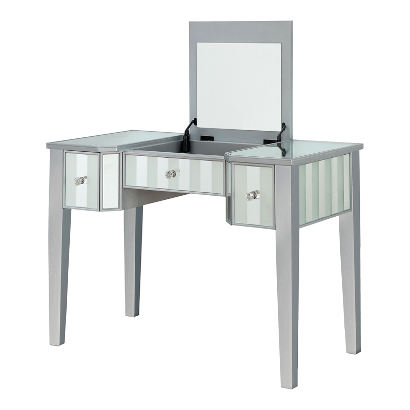 Bowery Hill Wood Flip-Top 3-Piece Vanity Set in Silver with Mirror