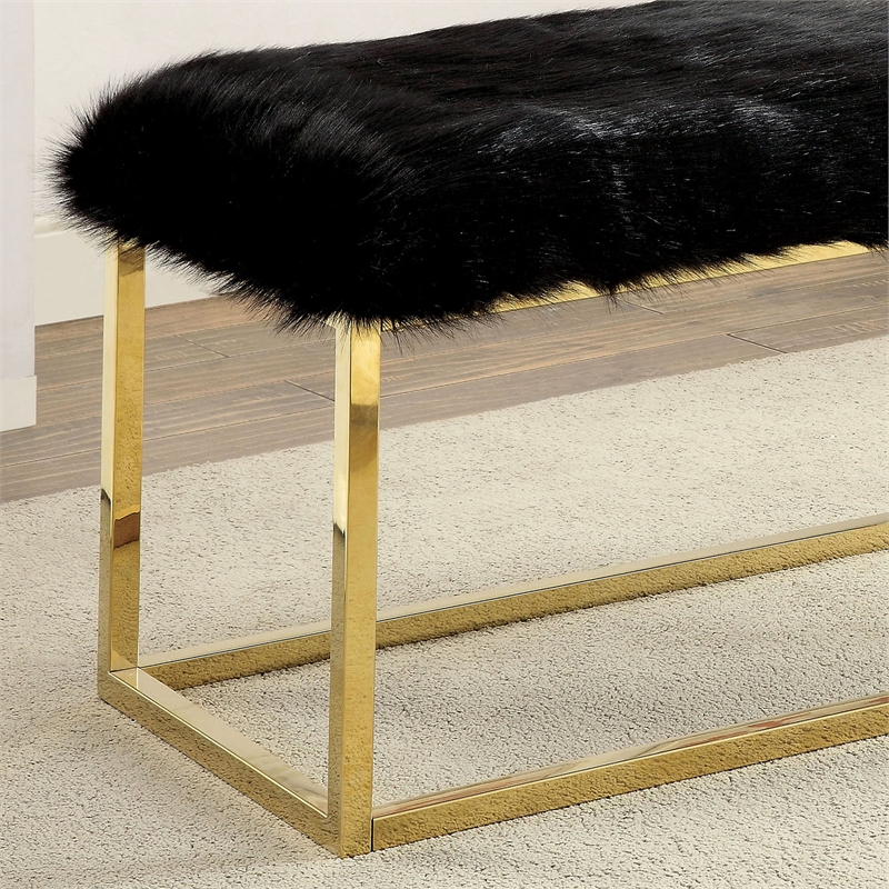 Bowery Hill Faux Fur Long Bench in Black with Gold Frame