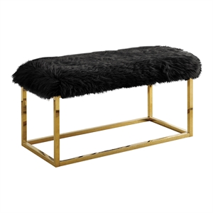 Bowery Hill Faux Fur Long Bench in Black with Gold Frame