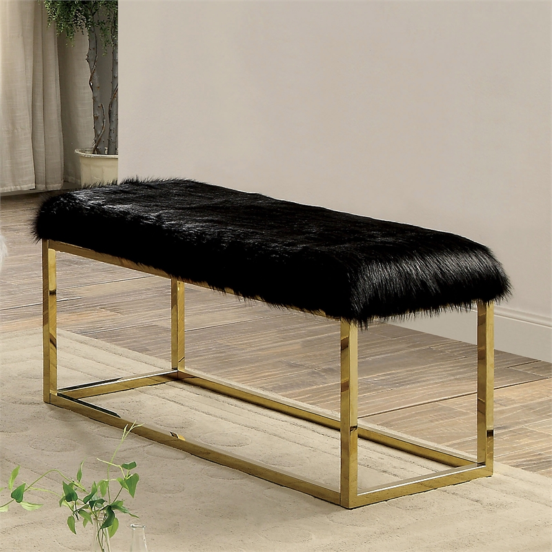 Bowery Hill Faux Fur Long Bench in Black with Gold Frame
