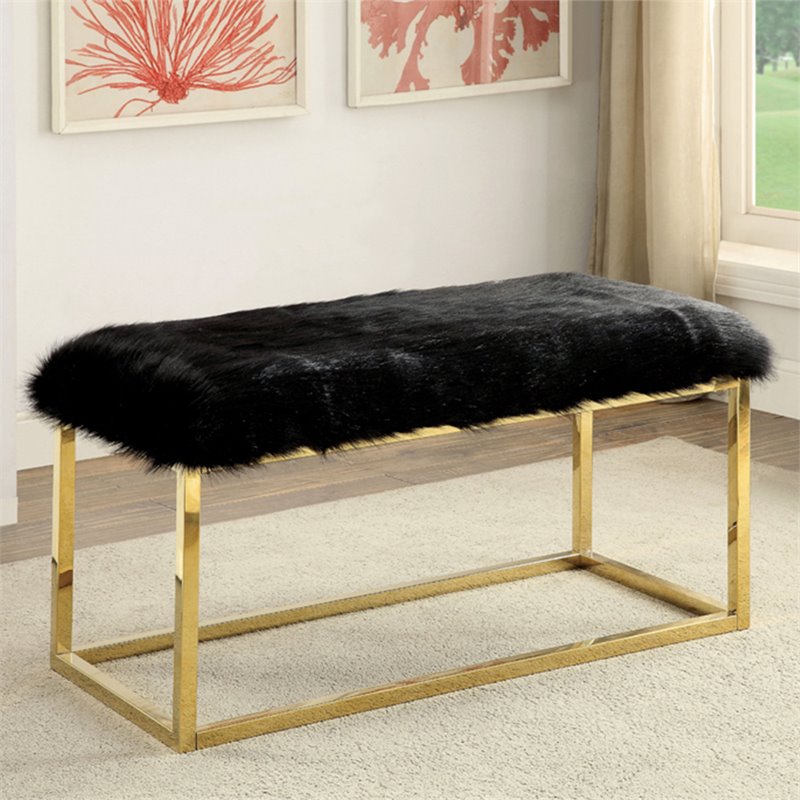 Bowery Hill Faux Fur Long Bench in Black with Gold Frame