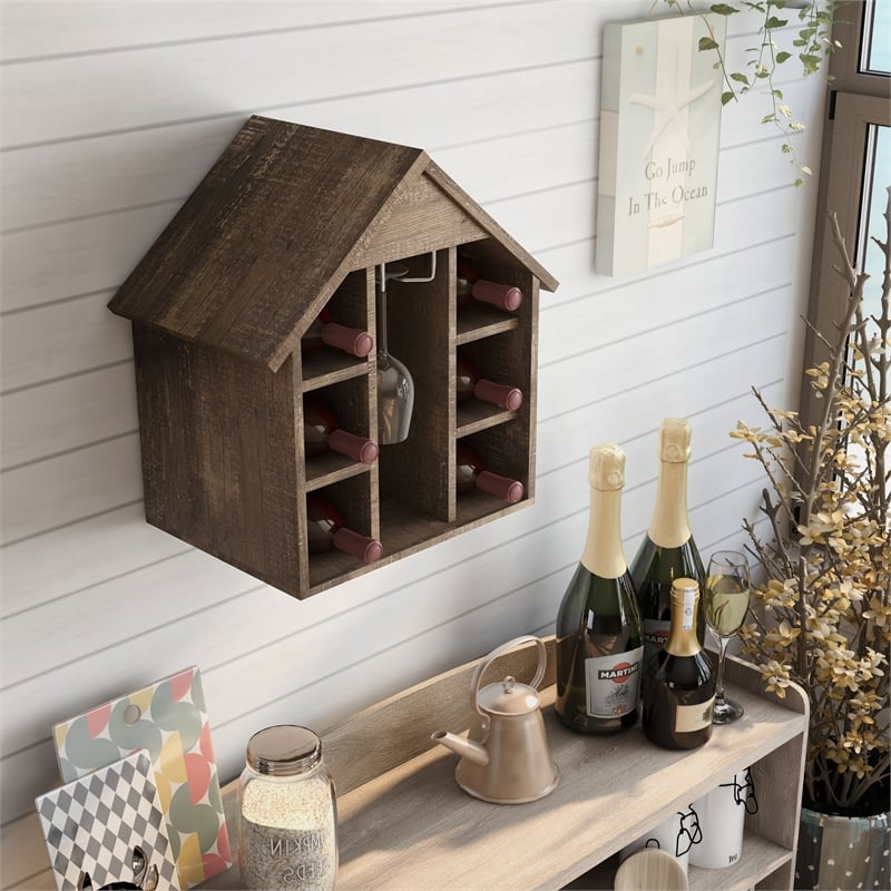 Bowery Hill Rustic Wood 6-Bottle Wine Rack in Reclaimed Oak