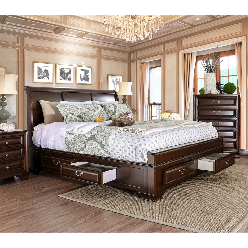 Bowery Hill Wood California King Storage Bed in Brown Cherry