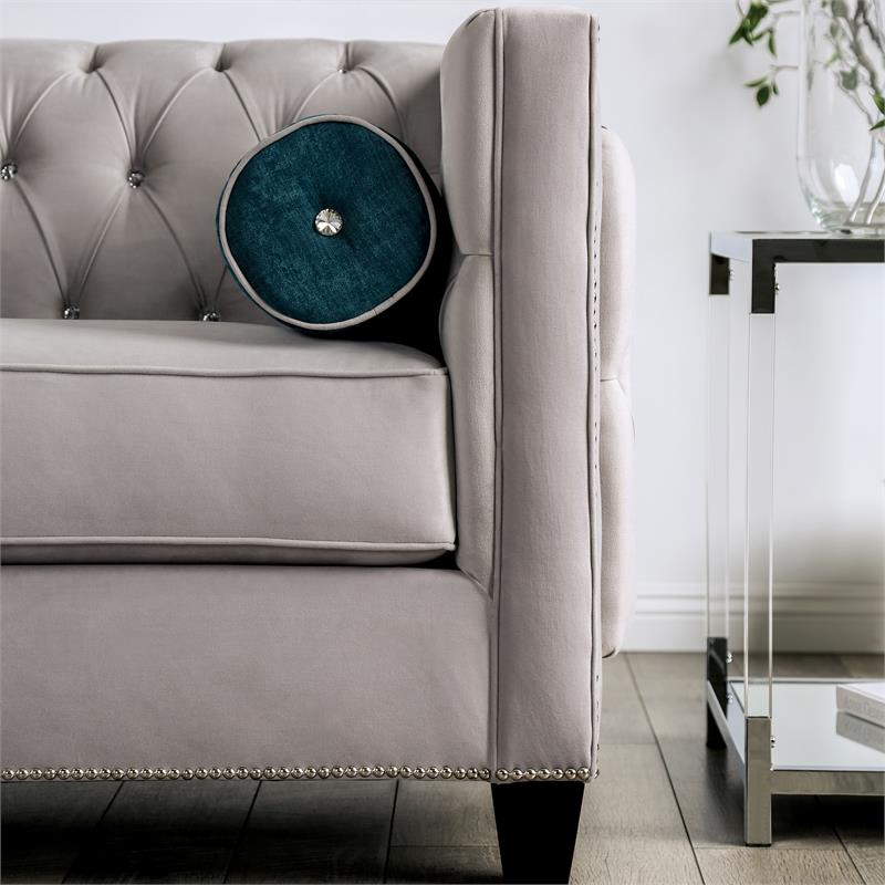 Bowery Hill Light Grey Tufted Fabric Loveseat with Tuxedo Silhouette