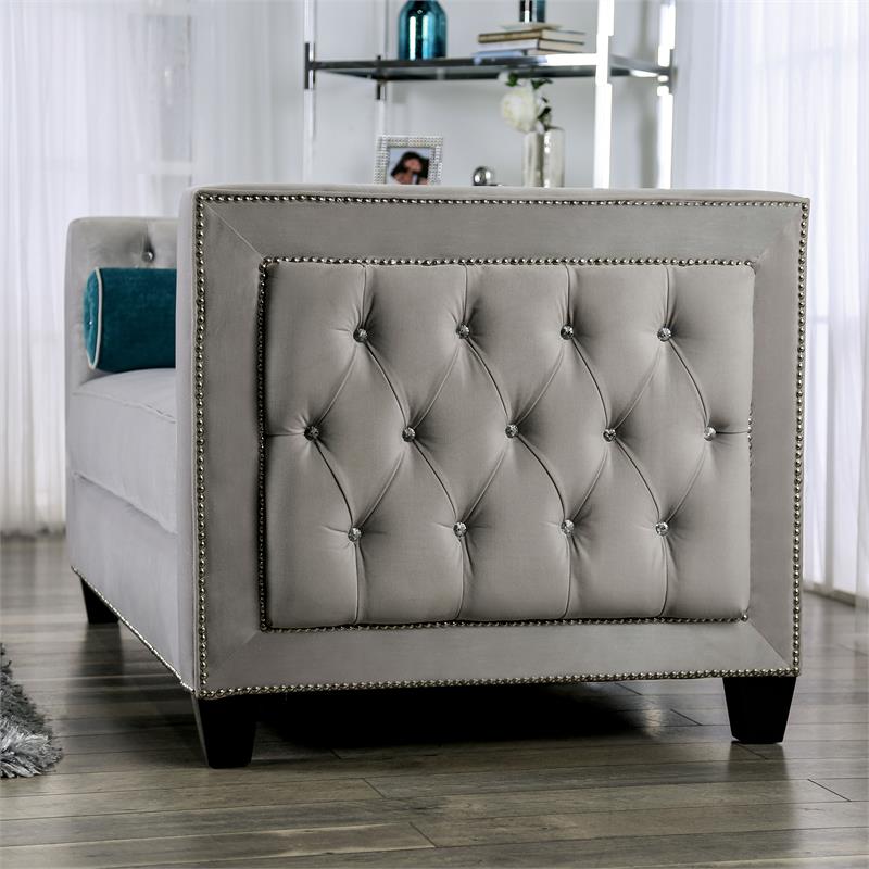 Bowery Hill Light Grey Tufted Fabric Loveseat with Tuxedo Silhouette
