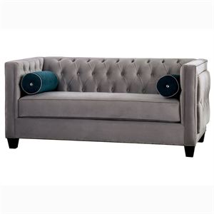 Bowery Hill Light Grey Tufted Fabric Loveseat with Tuxedo Silhouette