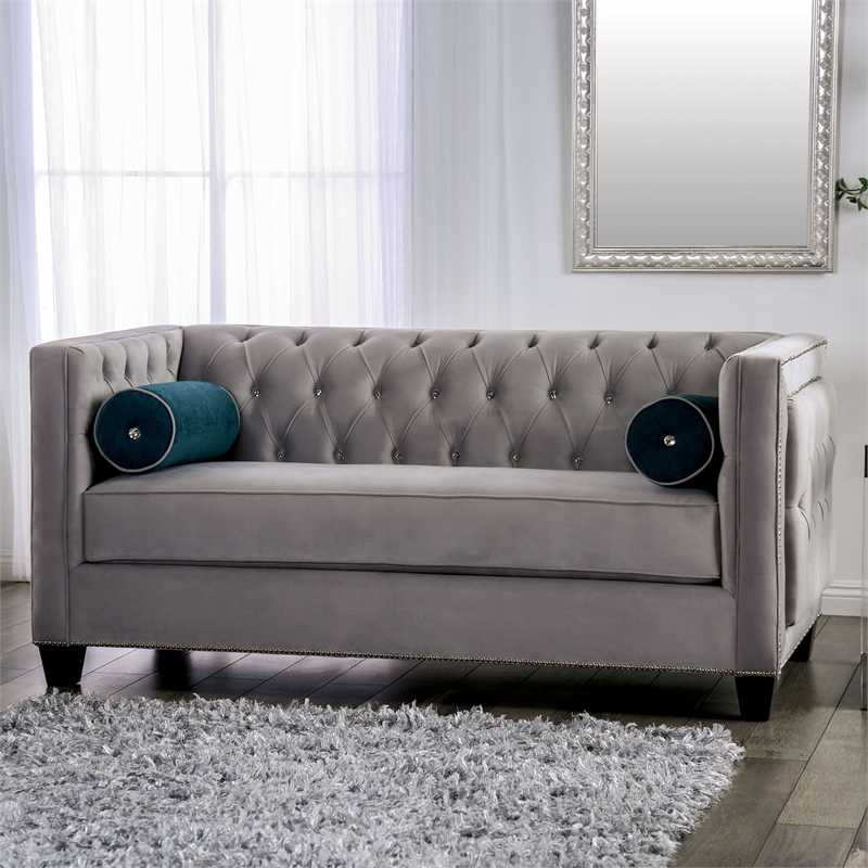 Bowery Hill Light Grey Tufted Fabric Loveseat with Tuxedo Silhouette