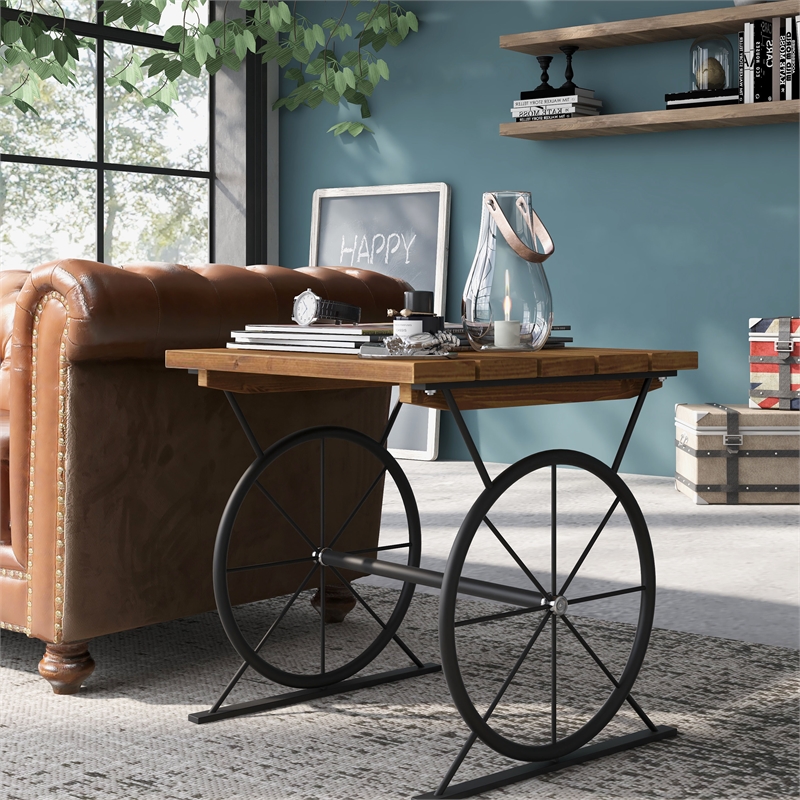 Bowery Hill Wood and Steel Wheel-Base End Table in Warm Oak & Black