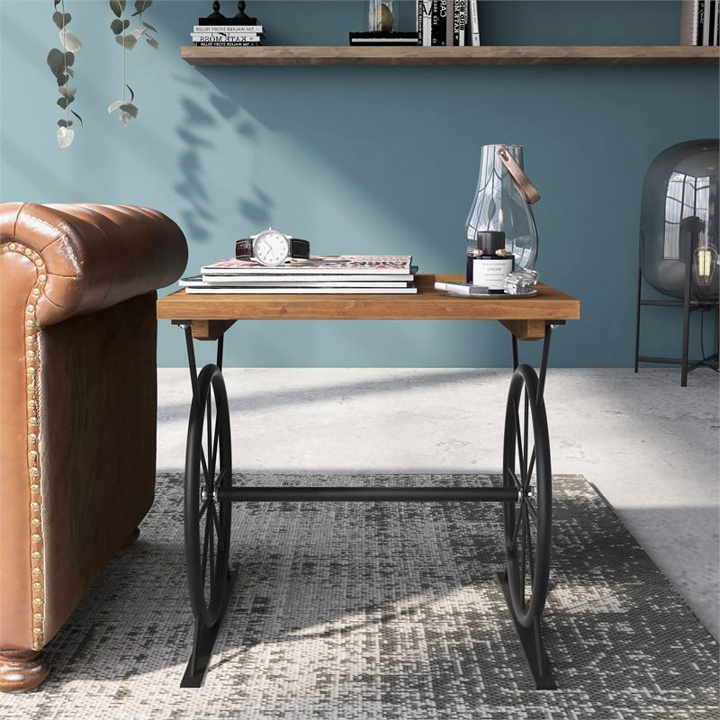 Bowery Hill Wood and Steel Wheel-Base End Table in Warm Oak & Black