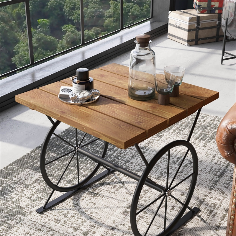 Bowery Hill Wood and Steel Wheel-Base End Table in Warm Oak & Black