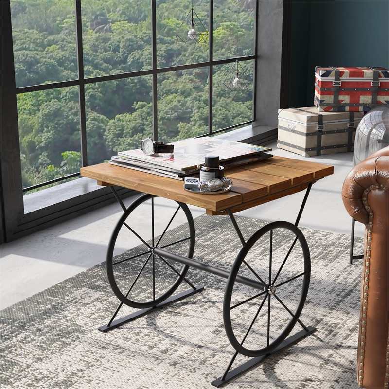 Bowery Hill Wood and Steel Wheel-Base End Table in Warm Oak & Black
