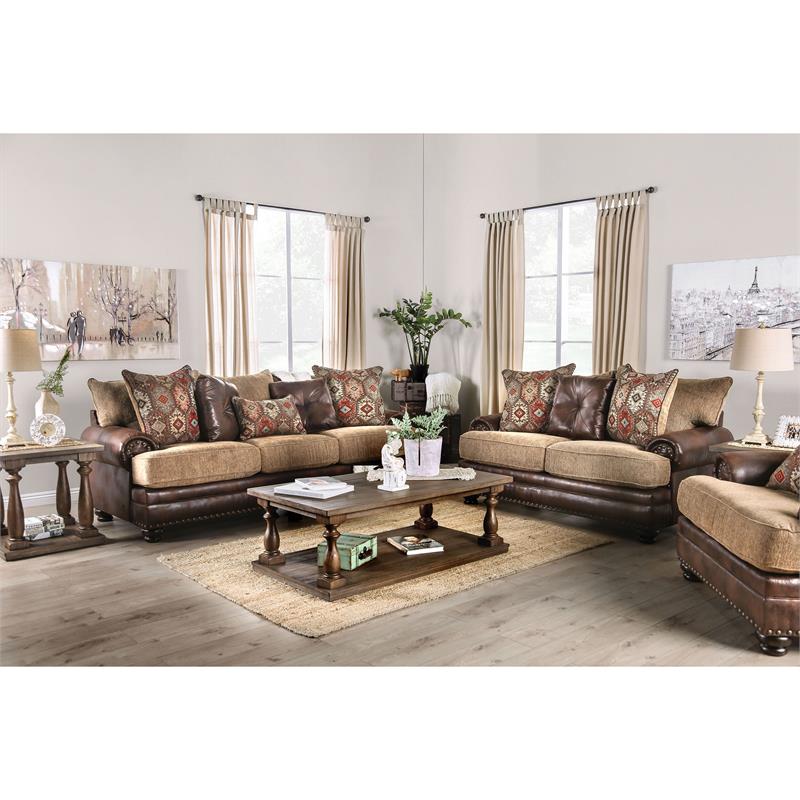 Bowery Hill Faux Leather Pillow Back Sofa in Brown with Rolled Arms