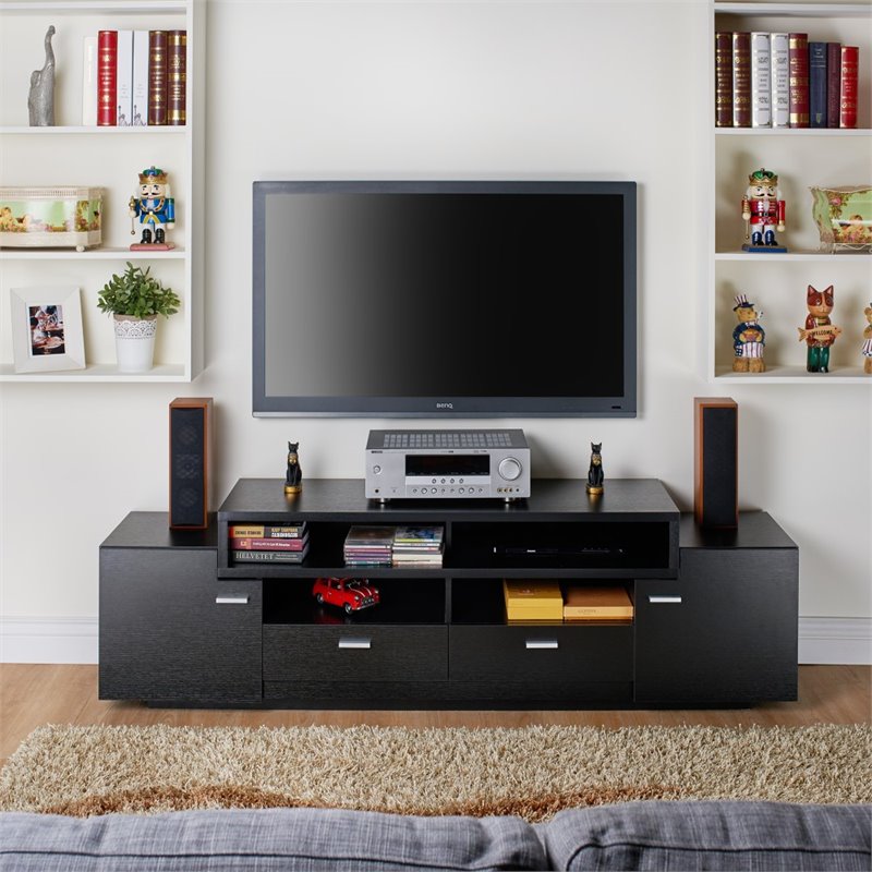 Bowery Hill Multi-Storage 72-Inch Wood TV Stand in Black Finish